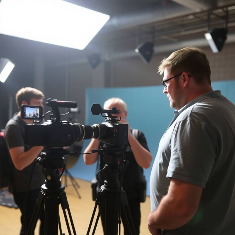 Equipe de filmagem profissional gravando um vídeo promocional em um ambiente de produção.
